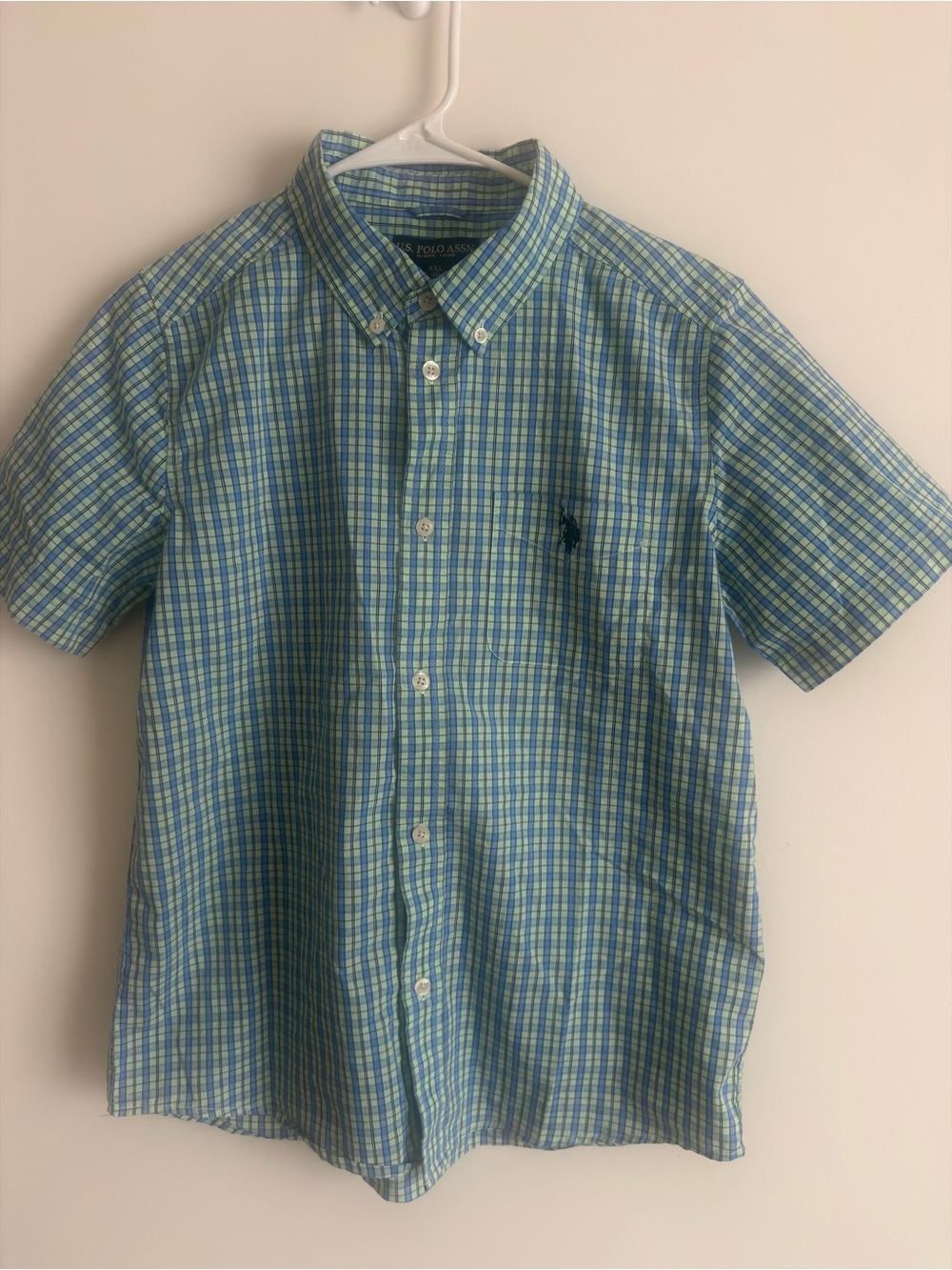 U.S. Polo Assn. Boys XXL (18) Blue Green Plaid Stretch Button-Down Shirt